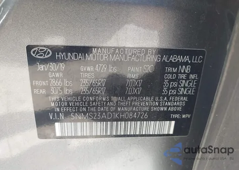 2019 Hyundai Santa Fe Se из США, поврежденный, VIN 5NMS23AD1KH084726